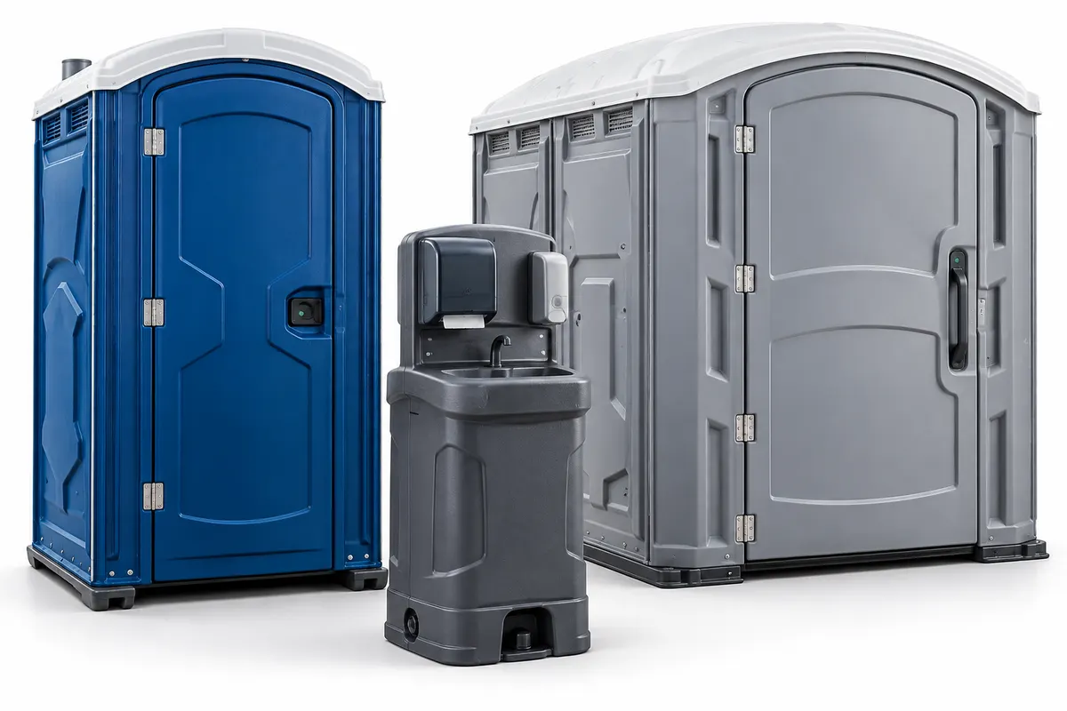Standard portable toilet, wider accessible restroom and handwashing station arranged together