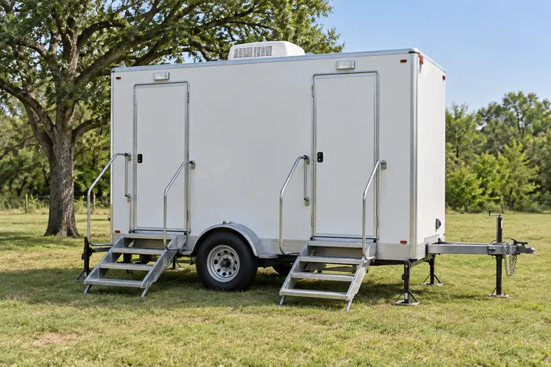 White restroom trailer with exterior access steps and handrails