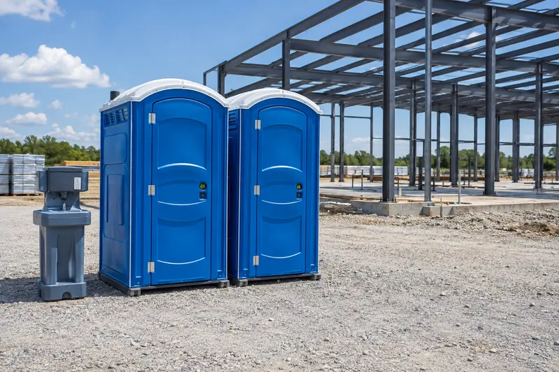 Portable toilets and a handwashing station beside a building worksite