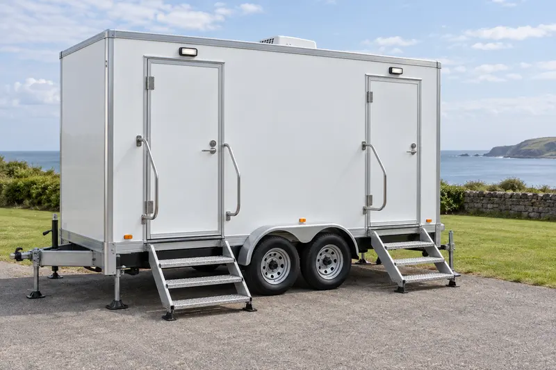 White restroom trailer with exterior access steps and handrails