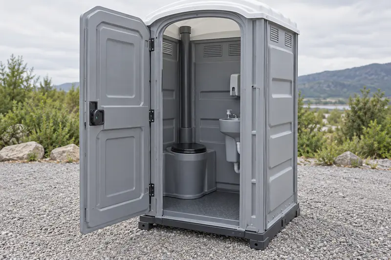 Portable restroom with the door open to show its interior