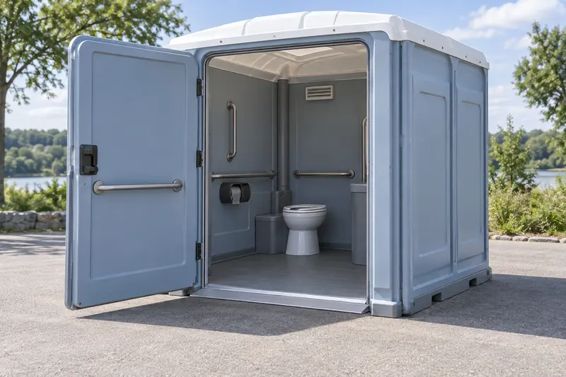 Wide-entry portable restroom showing its doorway and interior grab rails