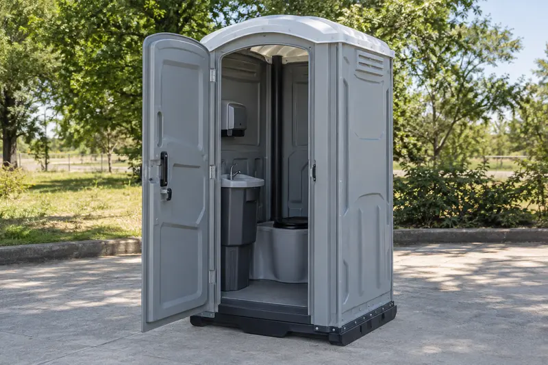 Portable restroom with the door open to show its interior